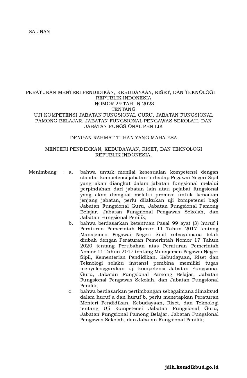 Peraturan Menteri Pendidikan, Kebudayaan, Riset, Dan Teknologi No 29 ...