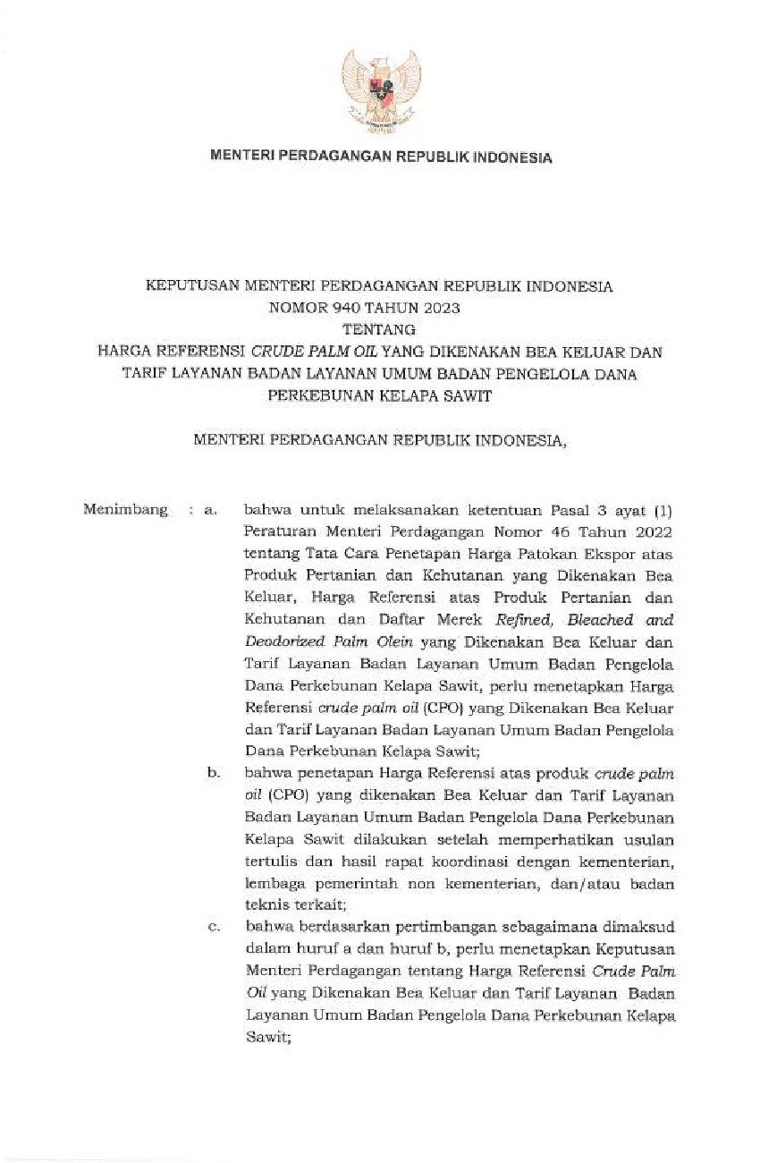 Keputusan Menteri Perdagangan No 940 tahun 2023 tentang Harga Referensi Crude Palm Oil yang Dikenakan Bea Keluar dan Tarif Layanan Badan Layanan Umum Badan Pengelola Dana Perkebunan Kelapa Sawit