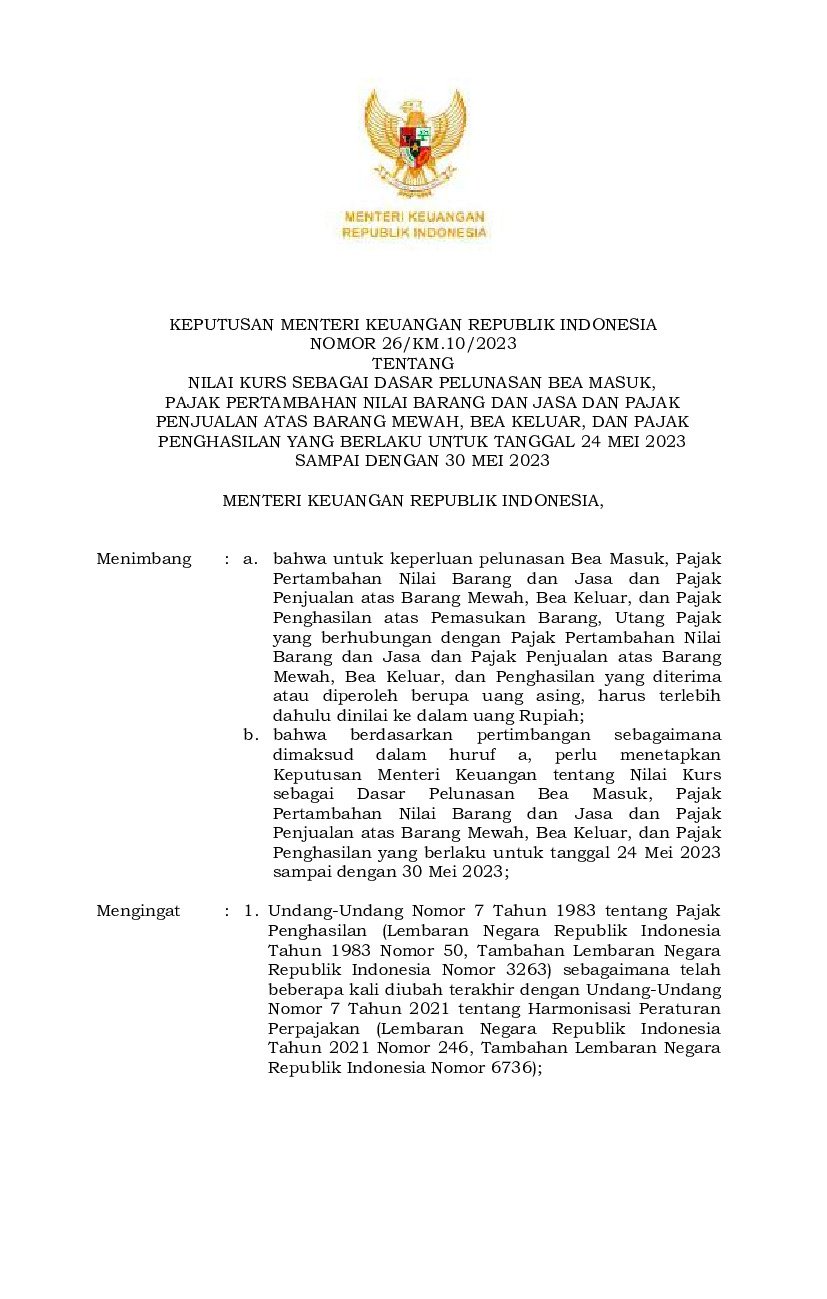 Keputusan Menteri Keuangan No 26/KM.10/2023 Tahun 2023 Tentang Nilai ...