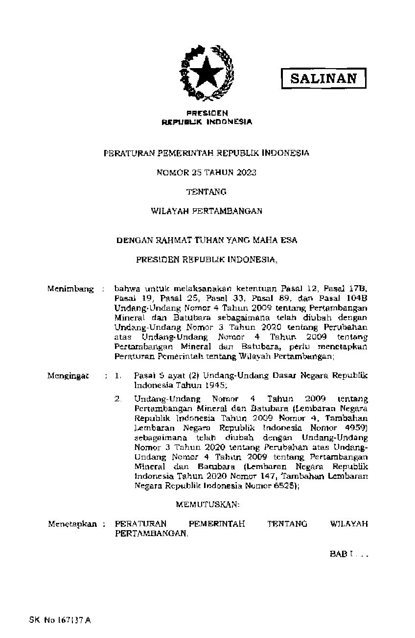 Peraturan Pemerintah No 25 tahun 2023 tentang Wilayah Pertambangan