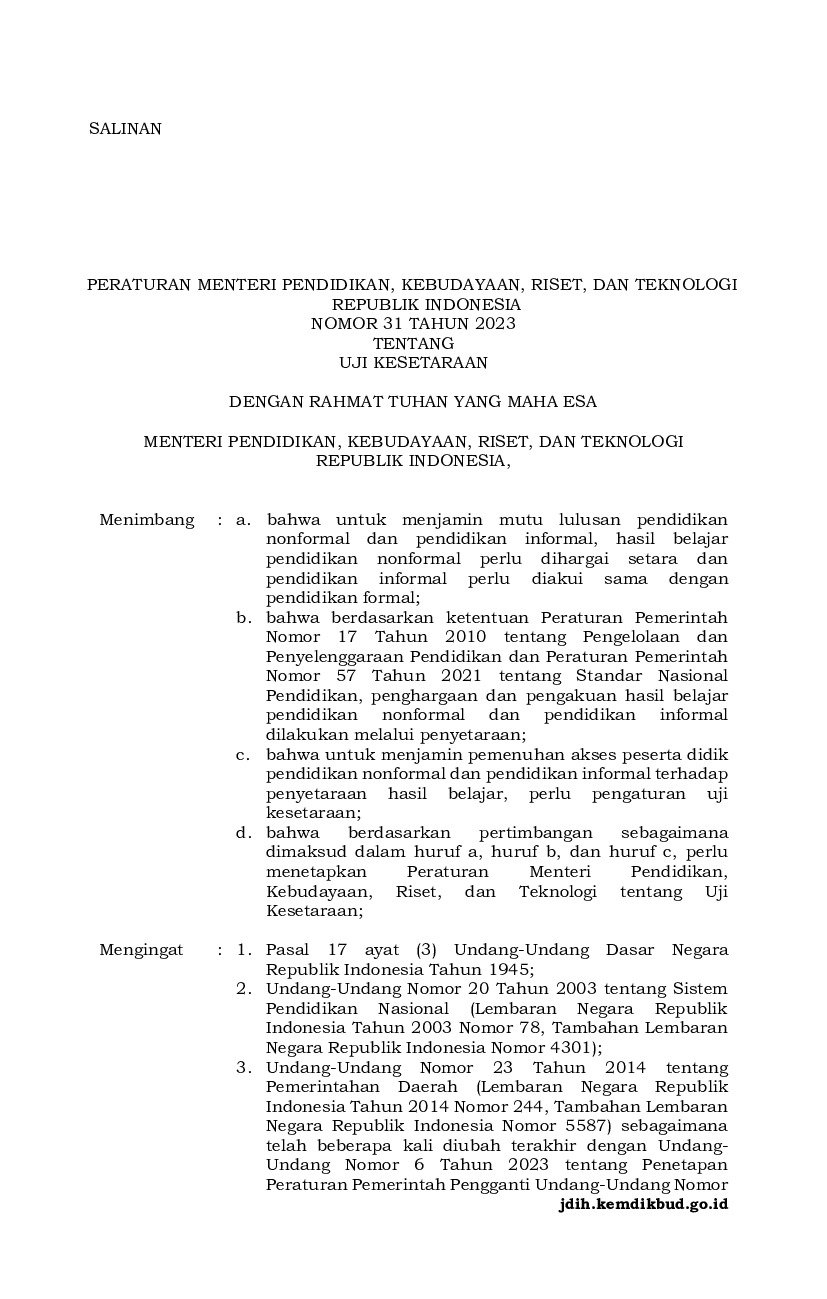 Peraturan Menteri Pendidikan, Kebudayaan, Riset, Dan Teknologi No 31 ...