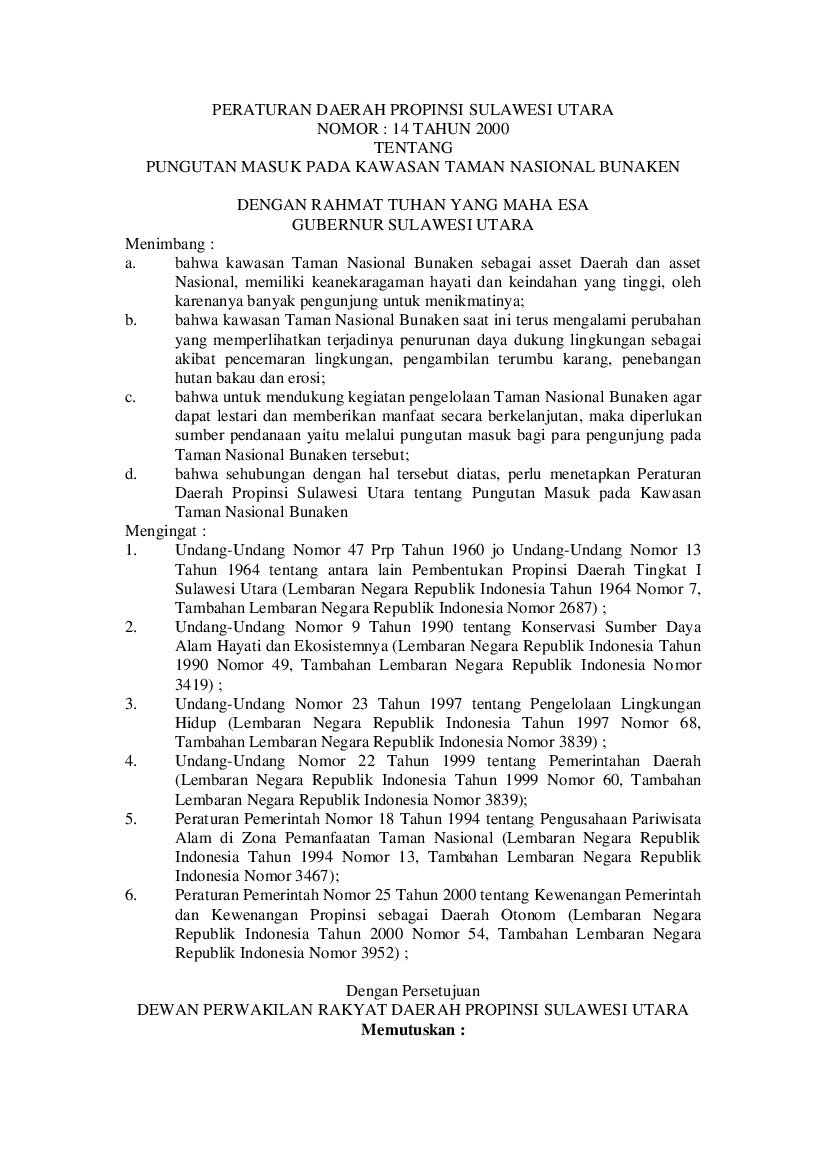 Peraturan Daerah Provinsi Sulawesi Utara No 14 tahun 2000 tentang Pungutan Masuk Pada Kawasan Taman Nasional Bunaken