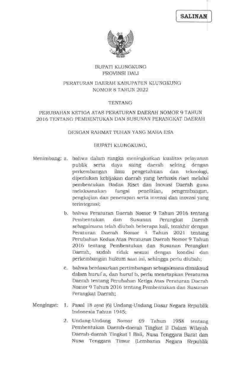 Peraturan Daerah Kab. Klungkung No 8 Tahun 2022 Tentang Perubahan ...