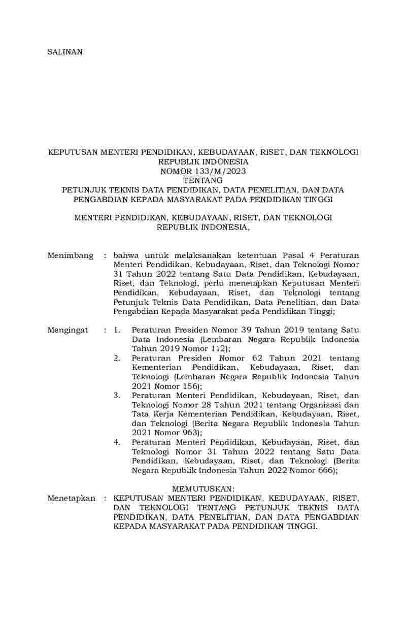 Keputusan Menteri Pendidikan, Kebudayaan, Riset, Dan Teknologi No 133/M ...