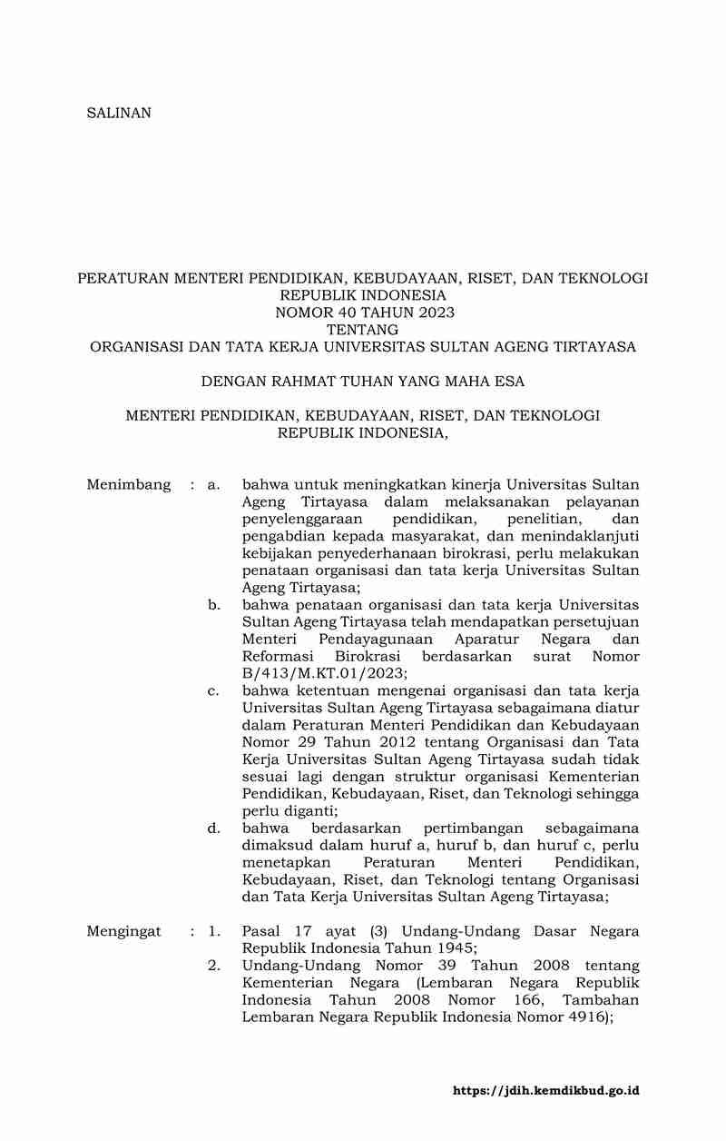 Peraturan Menteri Pendidikan, Kebudayaan, Riset, dan Teknologi (Dikbudristek) No 40 tahun 2023 tentang Organisasi dan Tata Kerja Universitas Sultan Ageng Tirtayasa