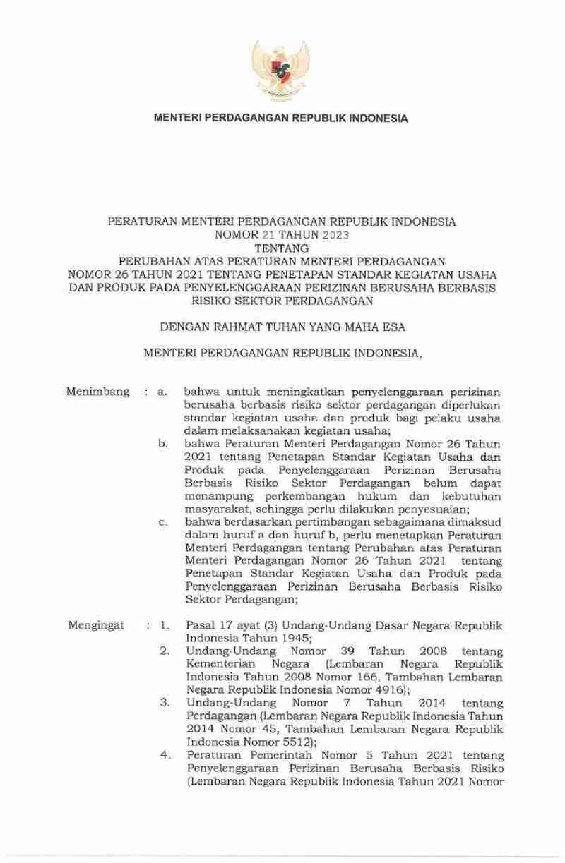 Peraturan Menteri Perdagangan No 21 Tahun 2023 Tentang Perubahan Atas ...