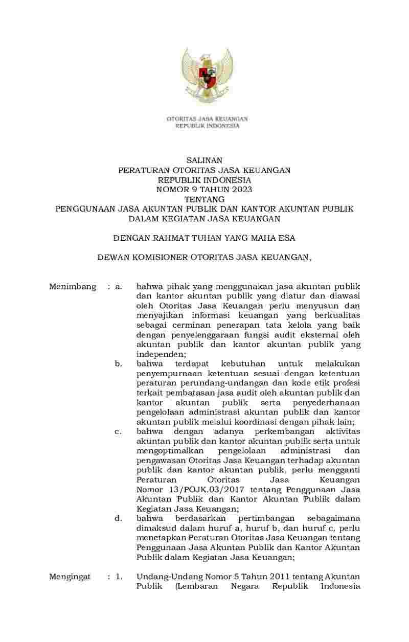 Peraturan Otoritas Jasa Keuangan (OJK) No 9 tahun 2023 tentang Penggunaan Jasa Akuntan Publik dan Kantor Akuntan Publik dalam Kegiatan Jasa Keuangan