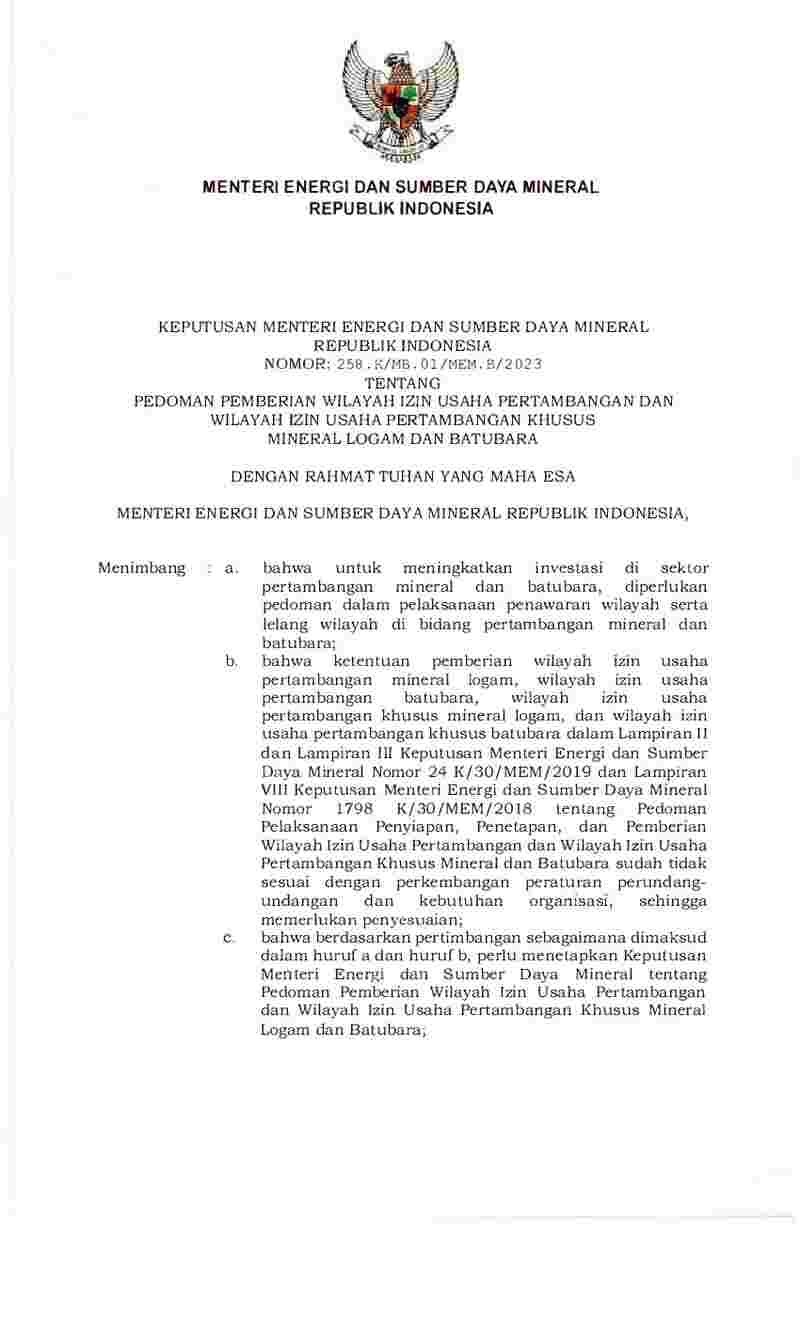 Keputusan Menteri Energi Dan Sumber Daya Mineral No 258.K/MB.01/MEM.B ...