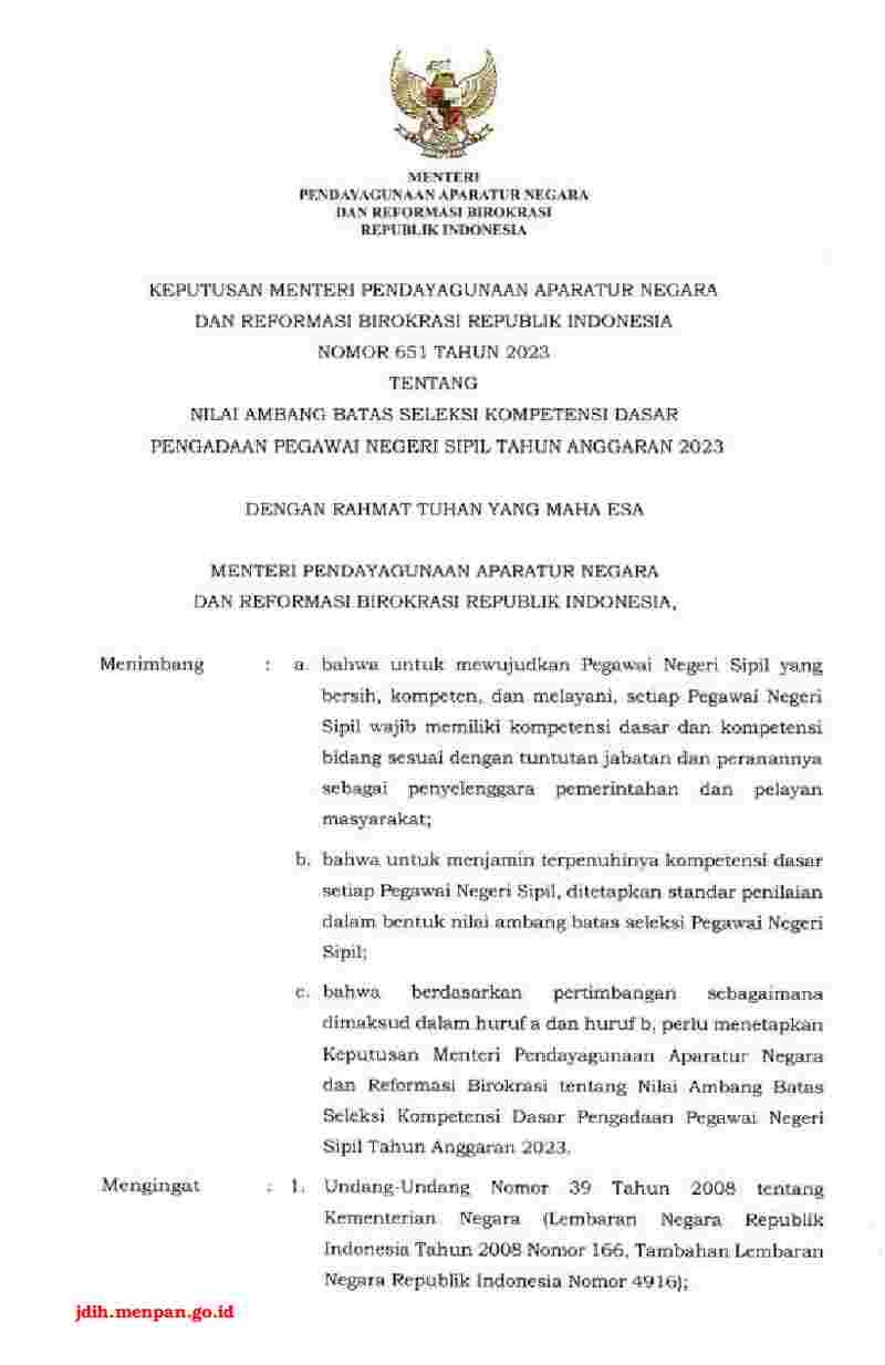 Keputusan Menteri Negara Pendayagunaan Aparatur Negara Dan Reformasi Birokrasi No 651 Tahun 2023 1163