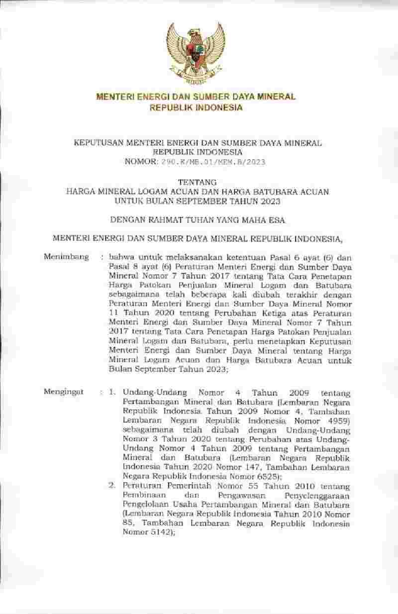 Keputusan Menteri Energi Dan Sumber Daya Mineral No 290.K/MB.01/MEM.B ...