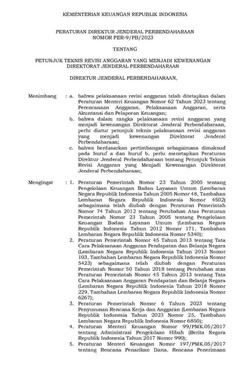 Peraturan Dirjen Perbendaharaan No PER-9/PB/2023 tahun 2023 tentang Petunjuk Teknis Revisi Anggaran yang Menjadi Kewenangan Direktorat Jenderal Perbendaharaan