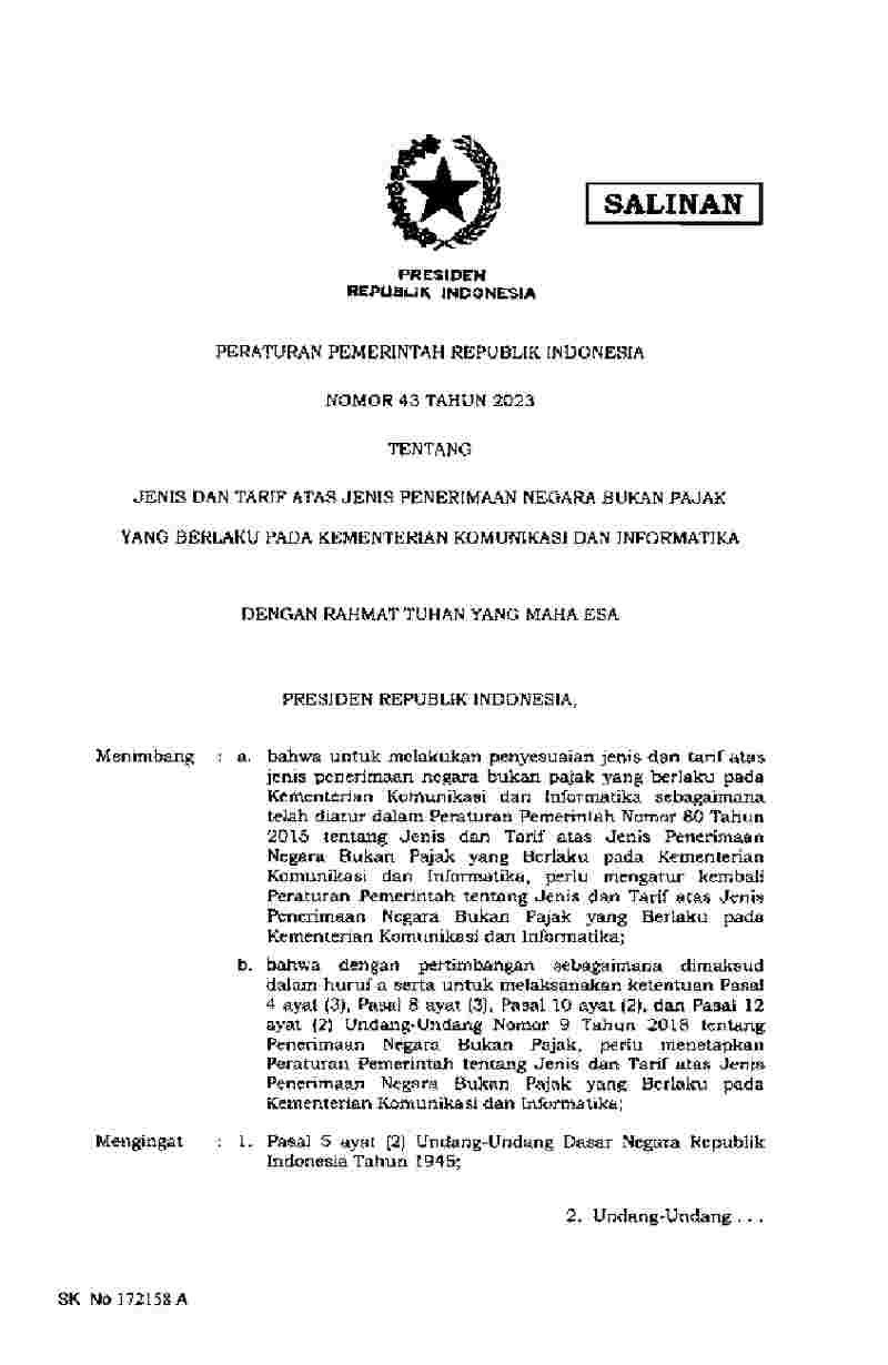 Peraturan Pemerintah No 43 Tahun 2023 Tentang Jenis Dan Tarif Atas ...