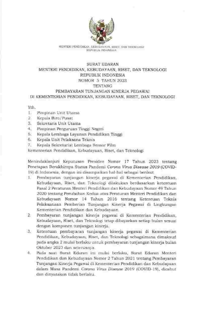 Surat Edaran Menteri Pendidikan, Kebudayaan, Riset, dan Teknologi  (Dikbudristek) No 5 tahun 2023 tentang Pembayaran Tunjangan Kinerja Pegawai di Kementerian Pendidikan, Kebudayaan, Riset, dan Teknologi