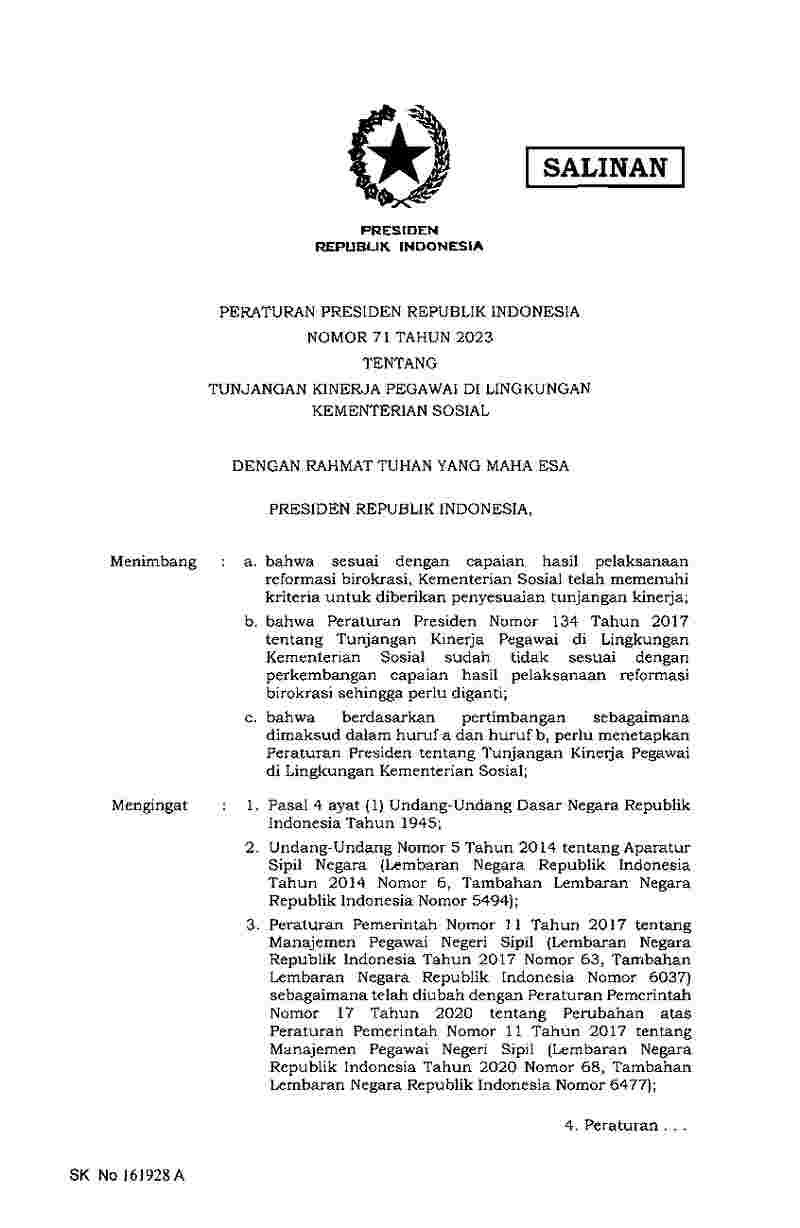 Peraturan Presiden No 71 Tahun 2023 Tentang Tunjangan Kinerja Pegawai ...