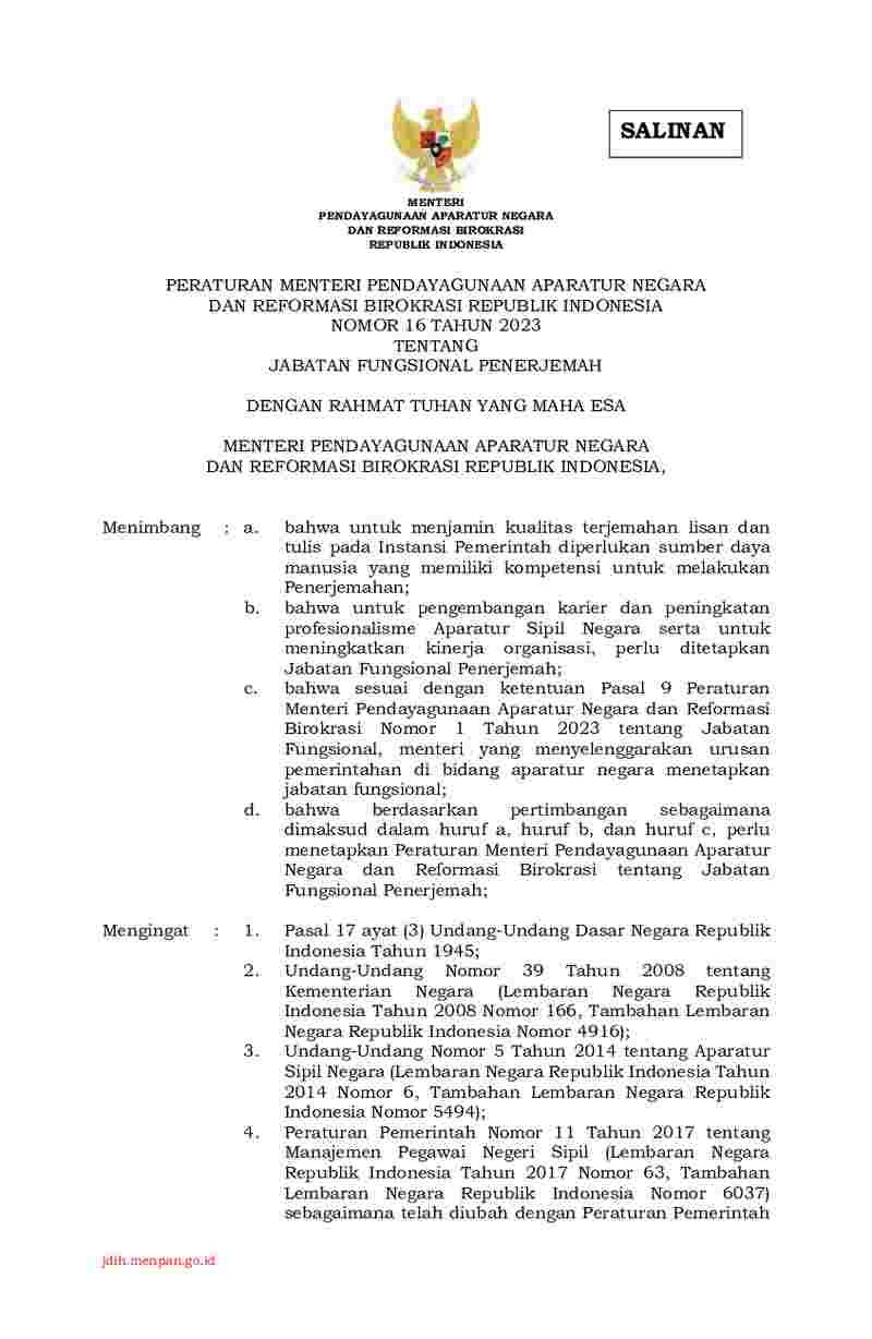 Peraturan Menteri Negara Pendayagunaan Aparatur Negara dan Reformasi Birokrasi No 16 tahun 2023 tentang Jabatan Fungsional Penerjemah