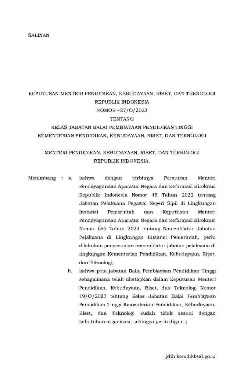 Keputusan Menteri Pendidikan Kebudayaan Riset Dan Teknologi No O Tahun Tentang