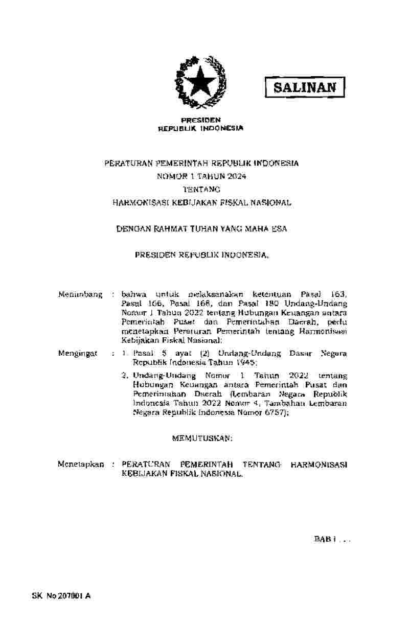 Peraturan Pemerintah No Tahun Tentang Harmonisasi Kebijakan Fiskal Nasional