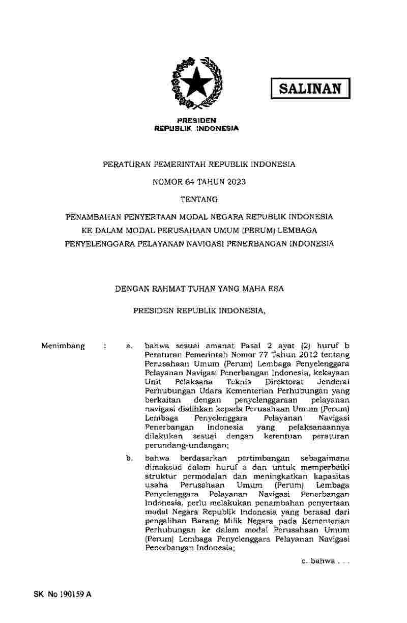 Peraturan Pemerintah No 64 tahun 2023 tentang Penambahan Penyertaan Modal Negara Republik Indonesia ke dalam Modal Perusahaan Umum (Perum) Lembaga Penyelenggara Pelayanan Navigasi Penerbangan Indonesia