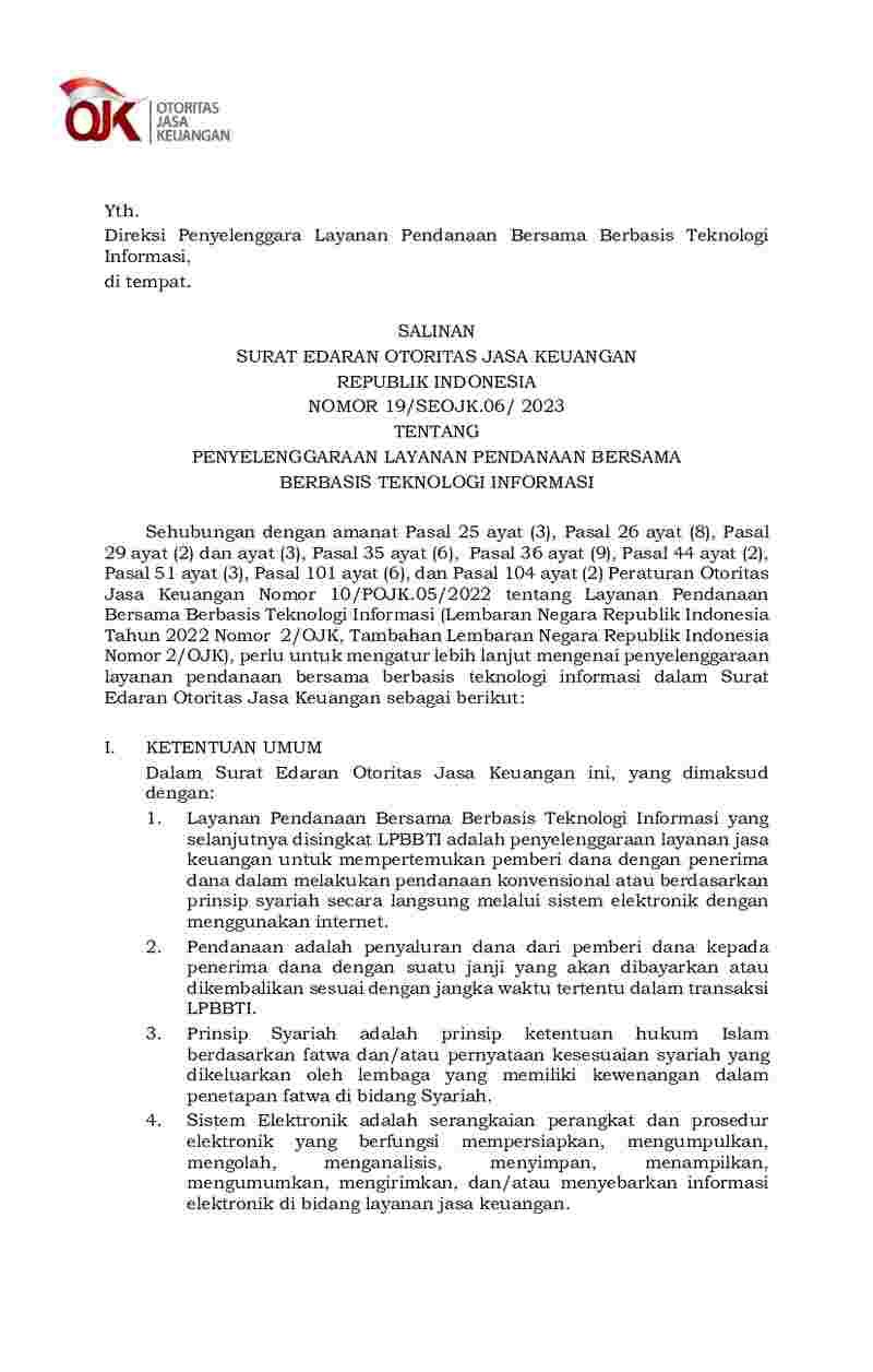 Surat Edaran Otoritas Jasa Keuangan No 19 Seojk 06 2023 Tahun 2023