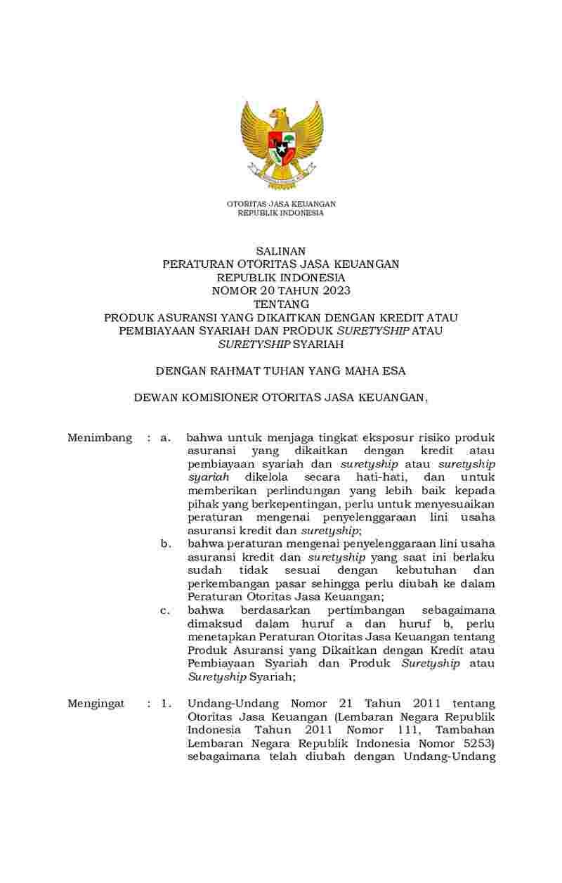 Peraturan Otoritas Jasa Keuangan (OJK) No 20 tahun 2023 tentang Produk Asuransi yang Dikaitkan dengan Kredit Atau Pembiayaan Syariah dan Produk Suretyship Atau Suretyship Syariah