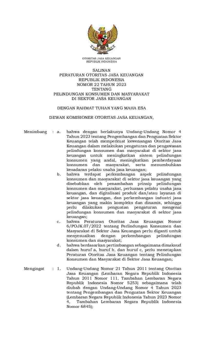 Peraturan Otoritas Jasa Keuangan No 22 Tahun 2023 Tentang Pelindungan ...