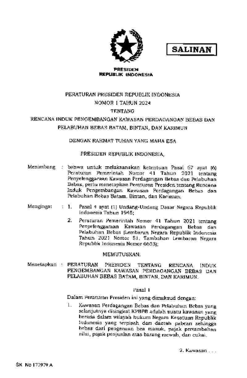 Peraturan Presiden No 1 tahun 2024 tentang Rencana Induk Pengembangan Kawasan Perdagangan Bebas dan Pelabuhan Bebas Batam, Bintan, dan Karimun