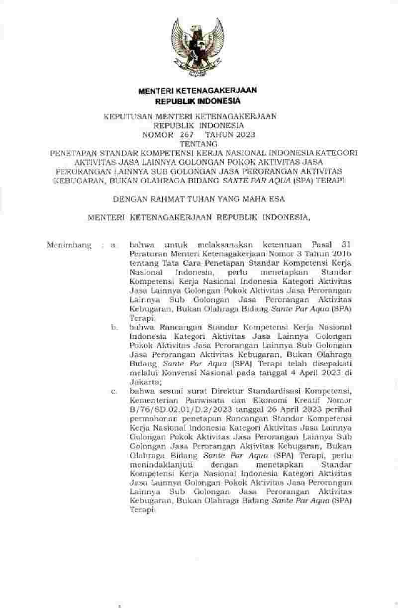 Keputusan Menteri Ketenagakerjaan No 267 tahun 2023 tentang Penetapan Standar Kompetensi Kerja Nasional Indonesia Kategori Aktivitas Jasa Lainnya Golongan Pokok Aktivitas Jasa Perorangan Lainnya Sub Golongan Jasa Perorangan Aktivitas Kebugaran, bukan Olahraga Bidang Sante Par Aqua (Spa) Terapi