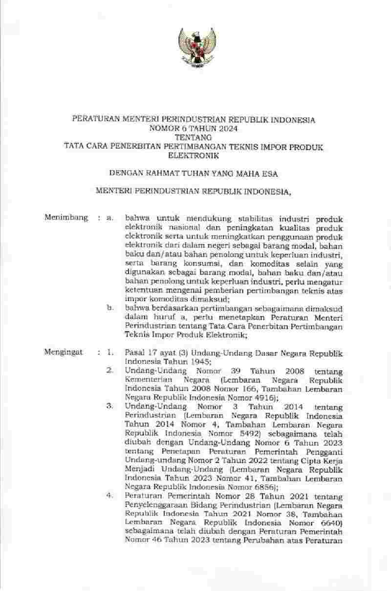 Peraturan Menteri Perindustrian No 6 Tahun 2024 Tentang Tata Cara ...