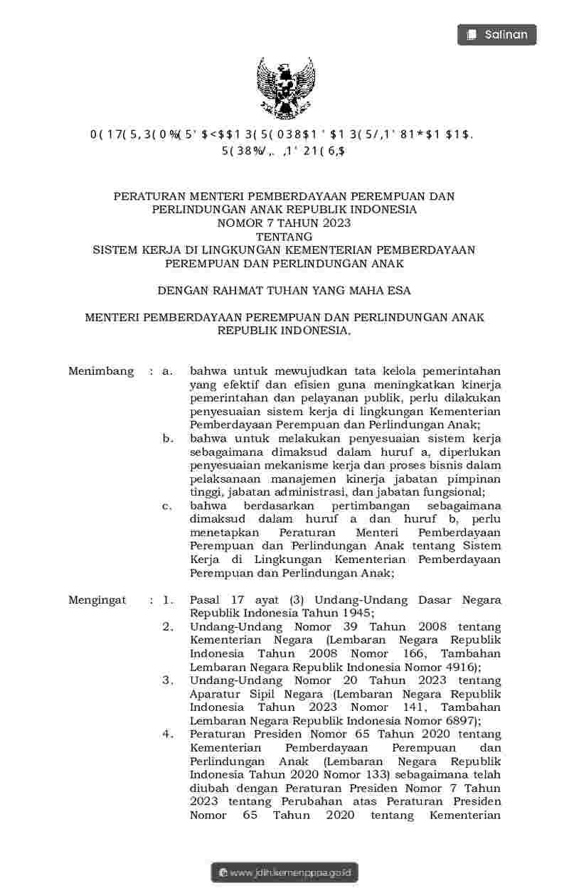 Peraturan Menteri Negara Pemberdayaan Perempuan Dan Perlindungan Anak No 7 tahun 2023 tentang Sistem Kerja di Lingkungan Kementerian Pemberdayaan Perempuan dan Perlindungan Anak