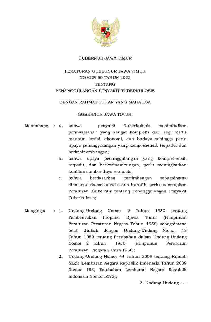 Peraturan Gubernur Jawa Timur No Tahun Tentang Penanggulangan Penyakit Tuberkulosis