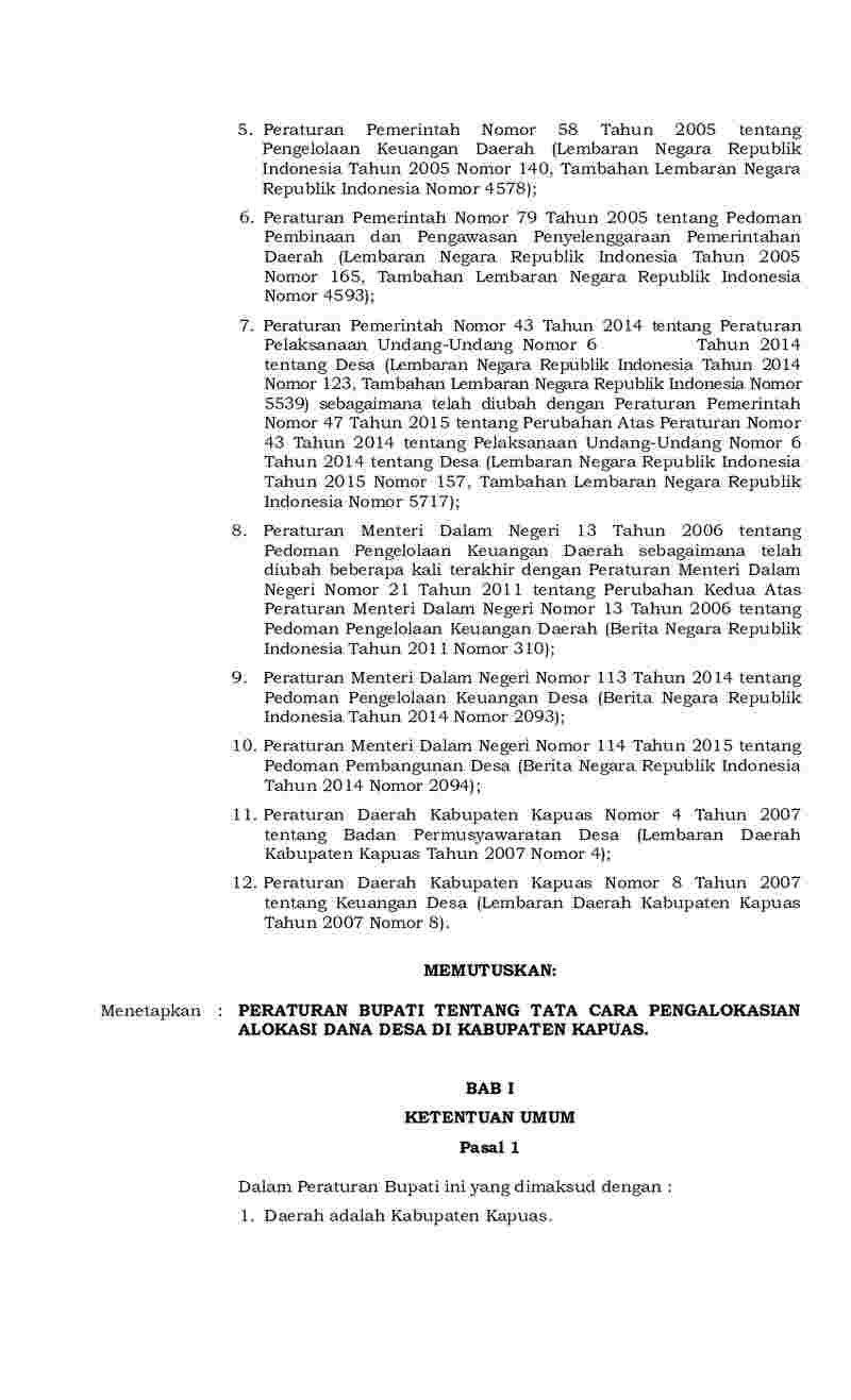 Peraturan Bupati Kapuas No 7 tahun 2017 tentang Tata Cara Pengalokasian Alokasi Dana Desa di Kabupaten Kapuas