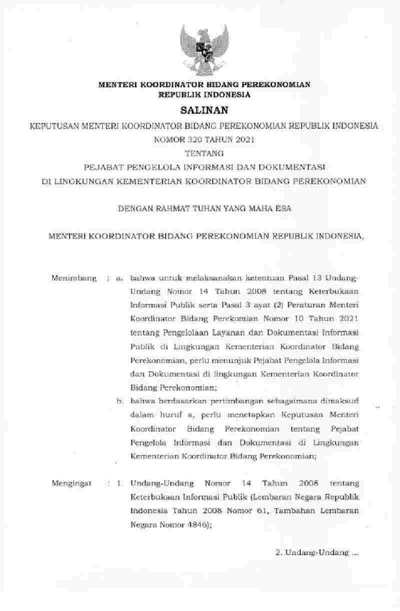 Keputusan Menko Perekonomian No 320 tahun 2021 tentang Pejabat Pengelola Informasi dan Dokumentasi di Lingkungan Kementerian Koordinator Bidang Perekonomian