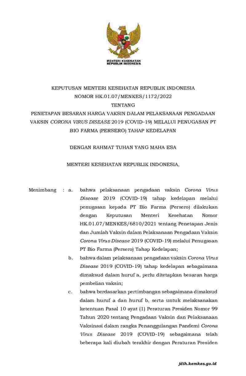 Keputusan Menteri Kesehatan No HK.01.07/MENKES/1172/2022 Tahun 2022 ...