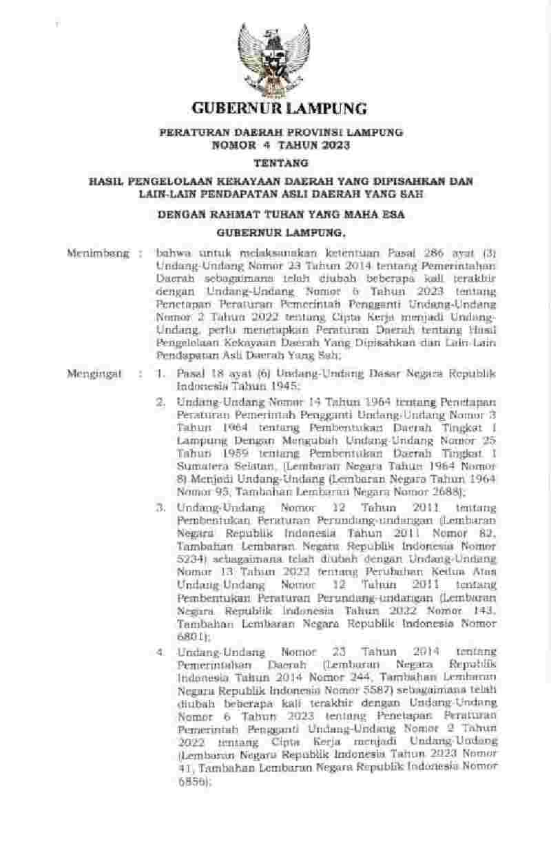 Peraturan Daerah Provinsi Lampung No 4 tahun 2023 tentang Hasil Pengelolaan Kekayaan Daerah yang Dipisahkan dan Lain-Lain Pendapatan Asli Daerah yang Sah