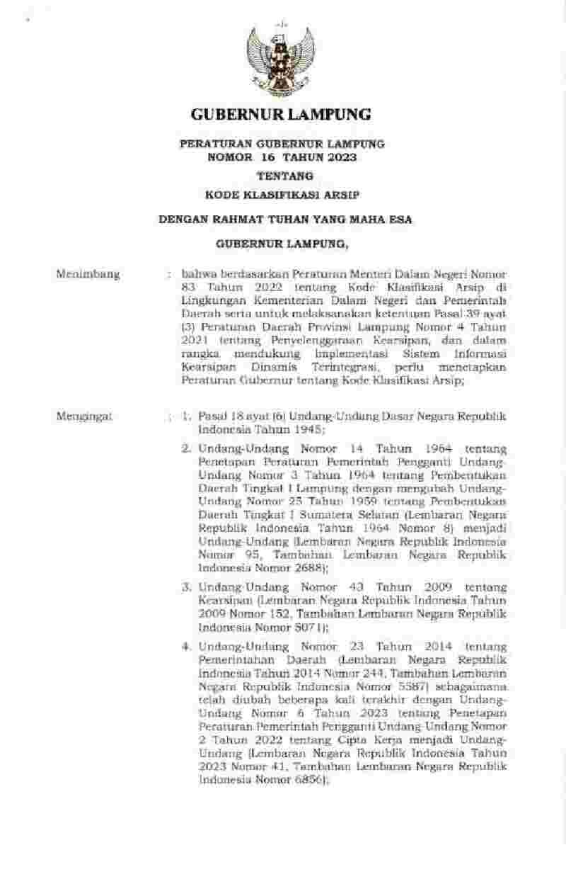 Peraturan Gubernur Lampung No 16 tahun 2023 tentang Kode Klasifikasi Arsip