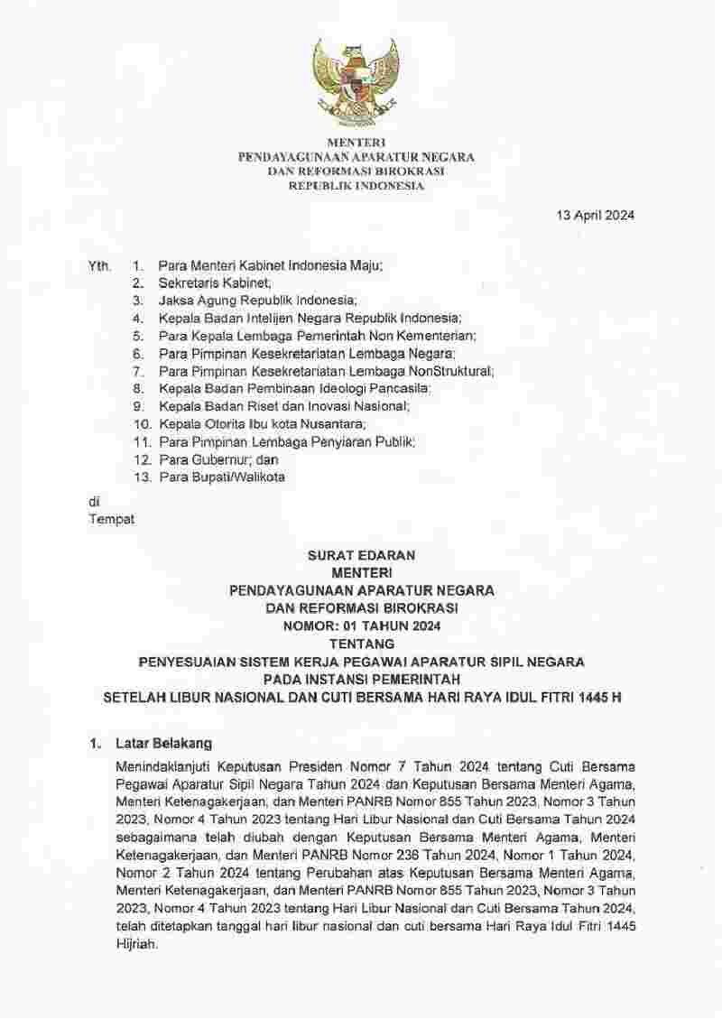 Surat Edaran Menteri Negara Pendayagunaan Aparatur Negara Dan Reformasi ...