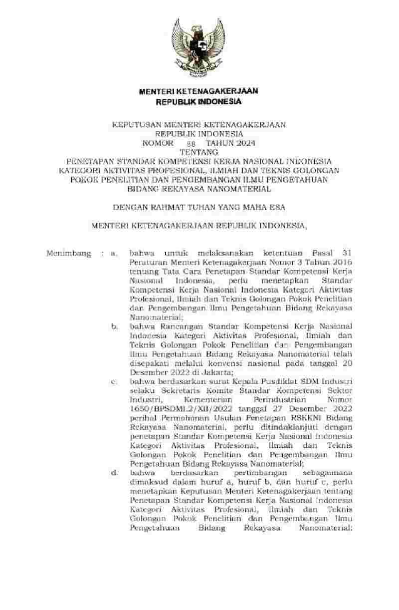 Keputusan Menteri Ketenagakerjaan No 88 tahun 2024 tentang Penetapan Standar Kompetensi Kerja Nasional Indonesia Kategori Aktivitas Profesional, Ilmiah dan Teknis Golongan Pokok Penelitian dan Pengembangan Ilmu Pengetahuan Bidang Rekayasa Nanomaterial