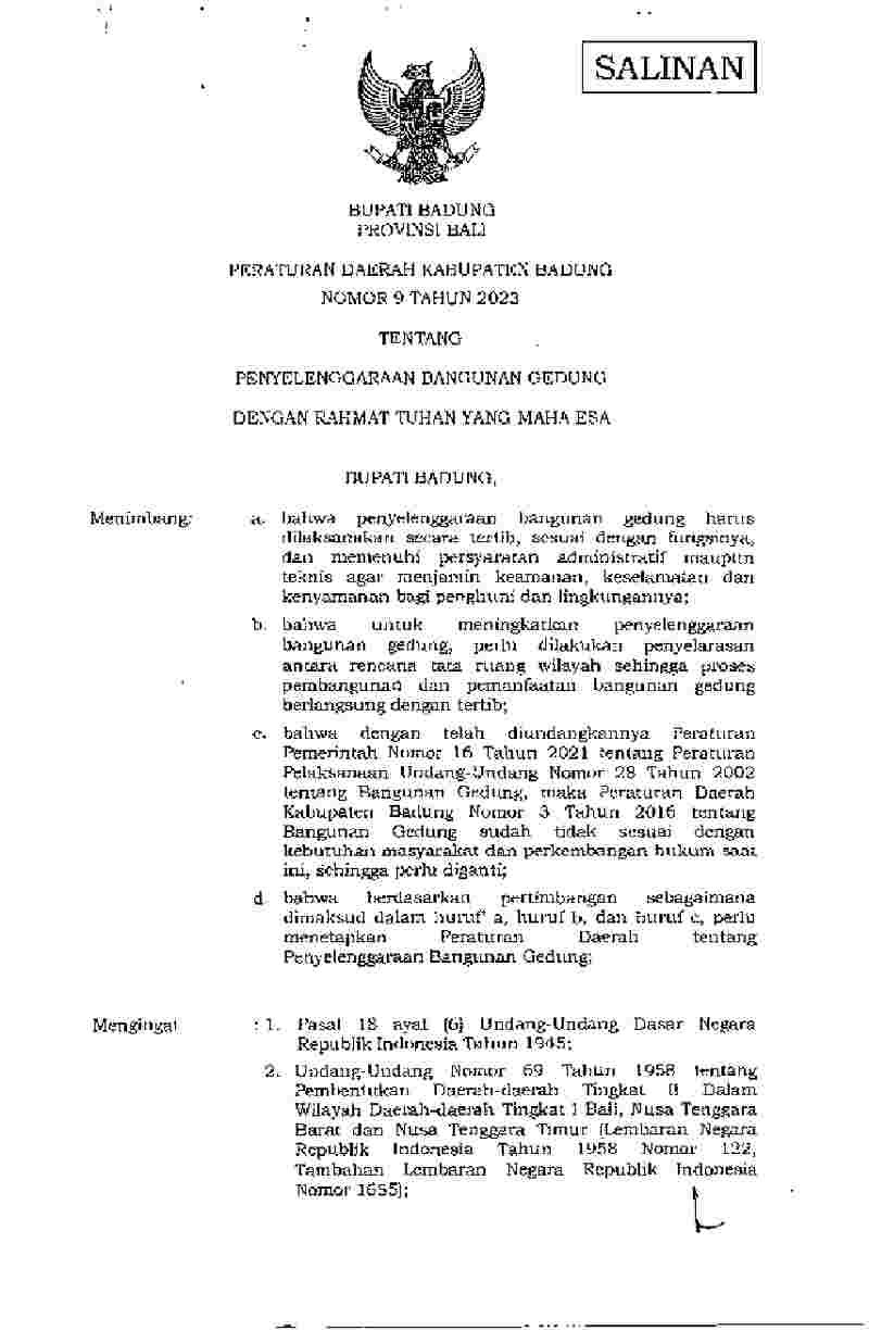 Peraturan Daerah Kabupaten Badung No 9 tahun 2023 tentang Penyelenggaraan Bangunan Gedung