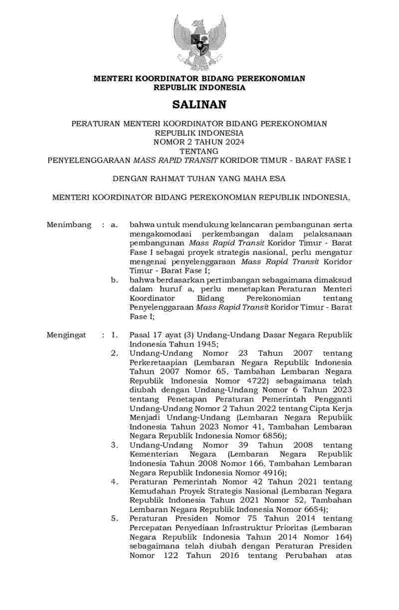 Peraturan Menko Perekonomian No 2 tahun 2024 tentang Penyelenggaraan Mass Rapid Transit Koridor Timur - Barat Fase I