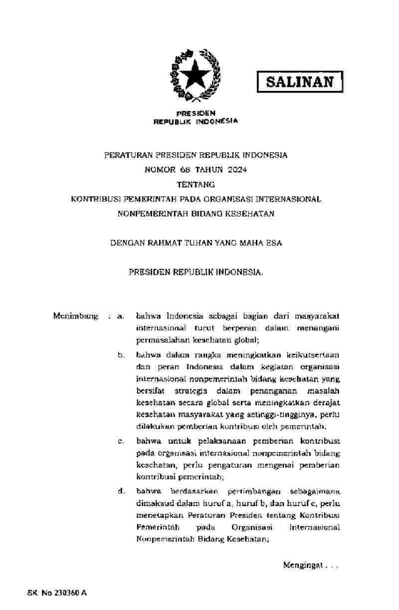 Peraturan Presiden No 68 tahun 2024 tentang Kontribusi Pemerintah pada Organisasi Internasional Nonpemerintah Bidang Kesehatan