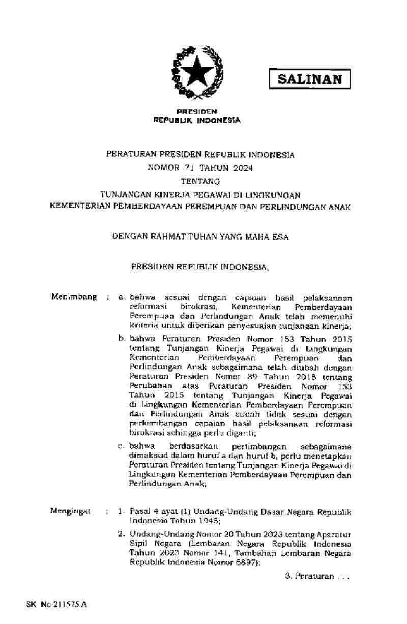 Peraturan Presiden No 71 tahun 2024 tentang Tunjangan Kinerja Pegawai di Lingkungan Kementerian Pemberdayaan Perempuan dan Perlindungan Anak