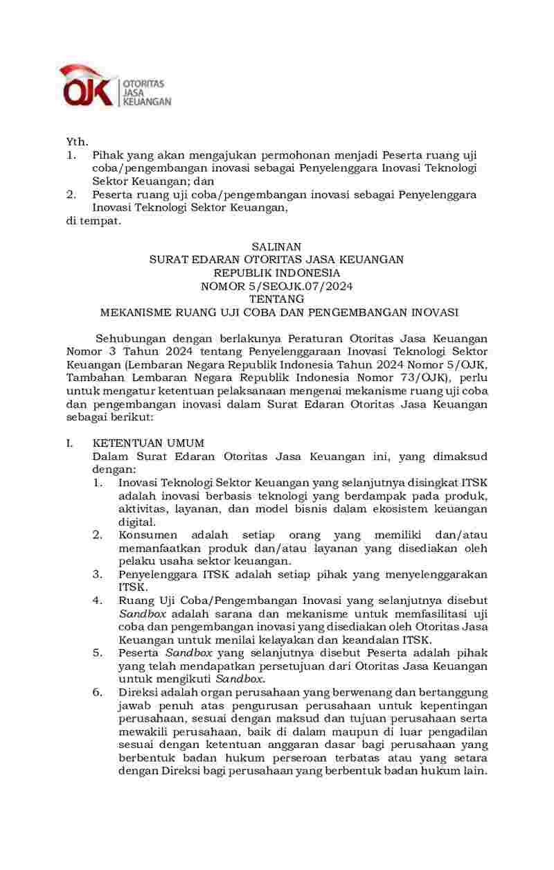 Surat Edaran Otoritas Jasa Keuangan No 5/SEOJK.07/2024 tahun 2024 tentang Mekanisme Ruang Uji Coba dan Pengembangan Inovasi