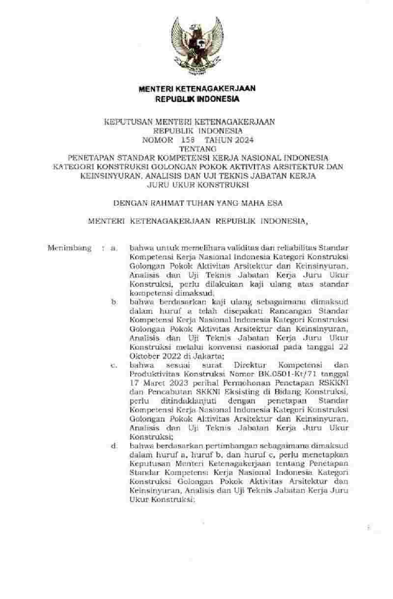 Keputusan Menteri Ketenagakerjaan No 158 tahun 2024 tentang Penetapan Standar Kompetensi Kerja Nasional Indonesia Kategori Konstruksi Golongan Pokok Aktivitas Arsitektur dan Keinsinyuran, Analisis dan Uji Teknis Jabatan Kerja Juru Ukur Konstruksi