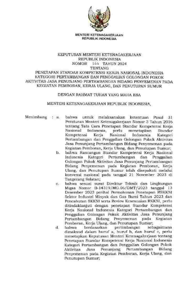 Keputusan Menteri Ketenagakerjaan No 164 tahun 2024 tentang Penetapan Standar Kompetensi Kerja Nasional Indonesia Kategori Pertambangan dan Penggalian Golongan Pokok Aktivitas Jasa Penunjang Pertambangan Bidang Penyemenan pada Kegiatan Pemboran, Kerja Ulang, dan Penutupan Sumur