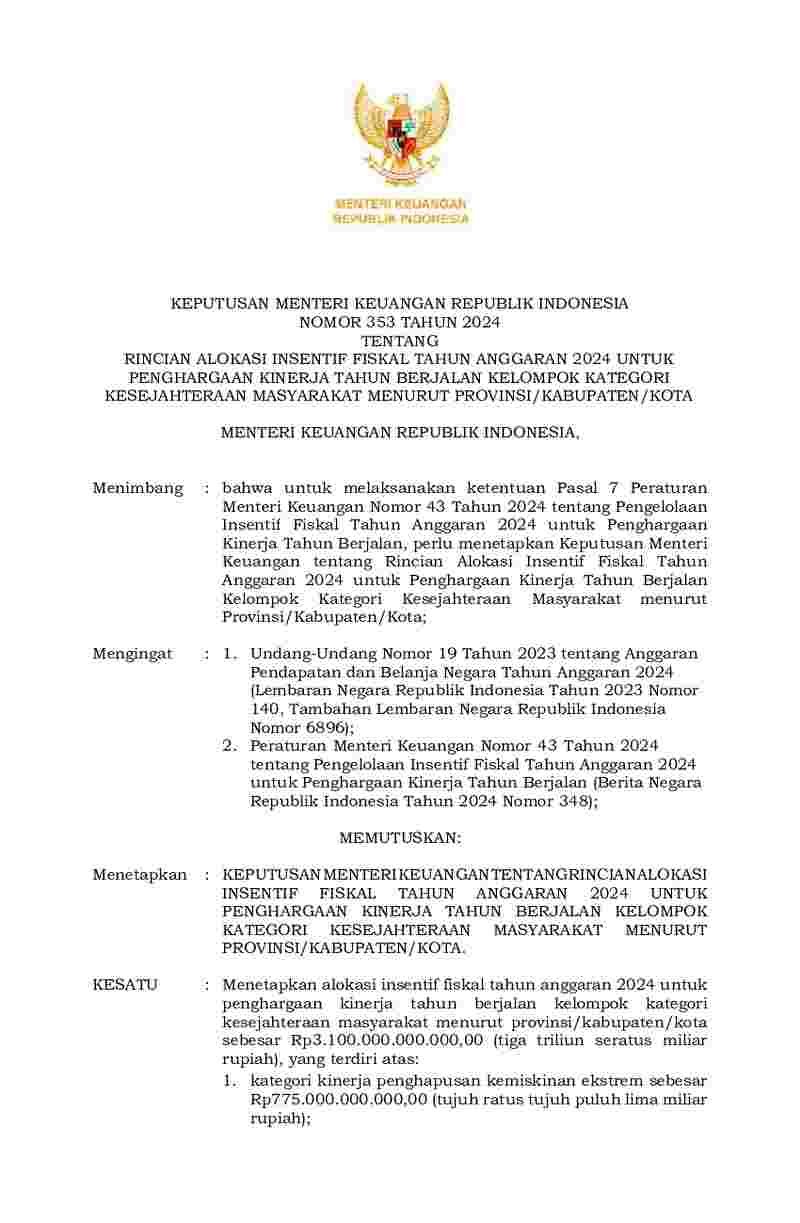 Keputusan Menteri Keuangan No 353 tahun 2024 tentang Rincian Alokasi Insentif Fiskal Tahun Anggaran 2024 untuk Penghargaan Kinerja Tahun Berjalan Kelompok Kategori Kesejahteraan Masyarakat menurut Provinsi/Kabupaten/Kota