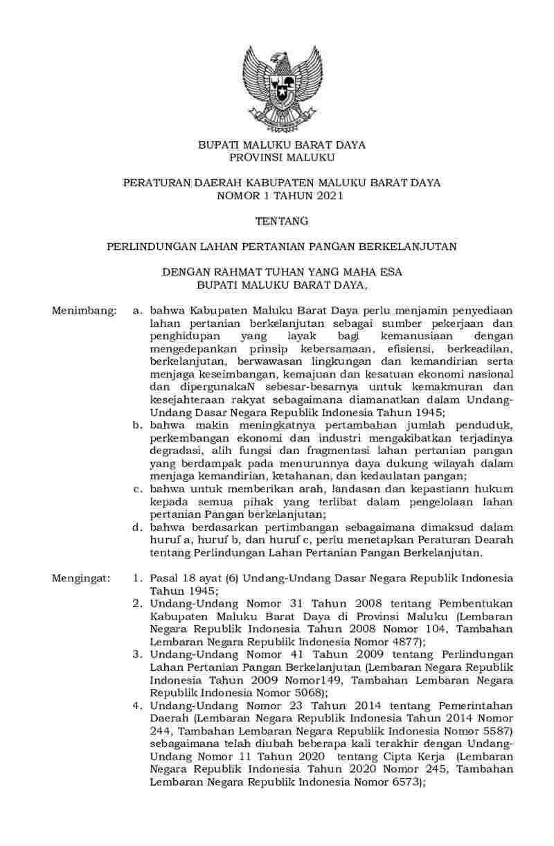 Peraturan Daerah Kab. Maluku Barat Daya No 1 tahun 2021 tentang Perlindungan Lahan Pertanian Pangan Berkelanjutan