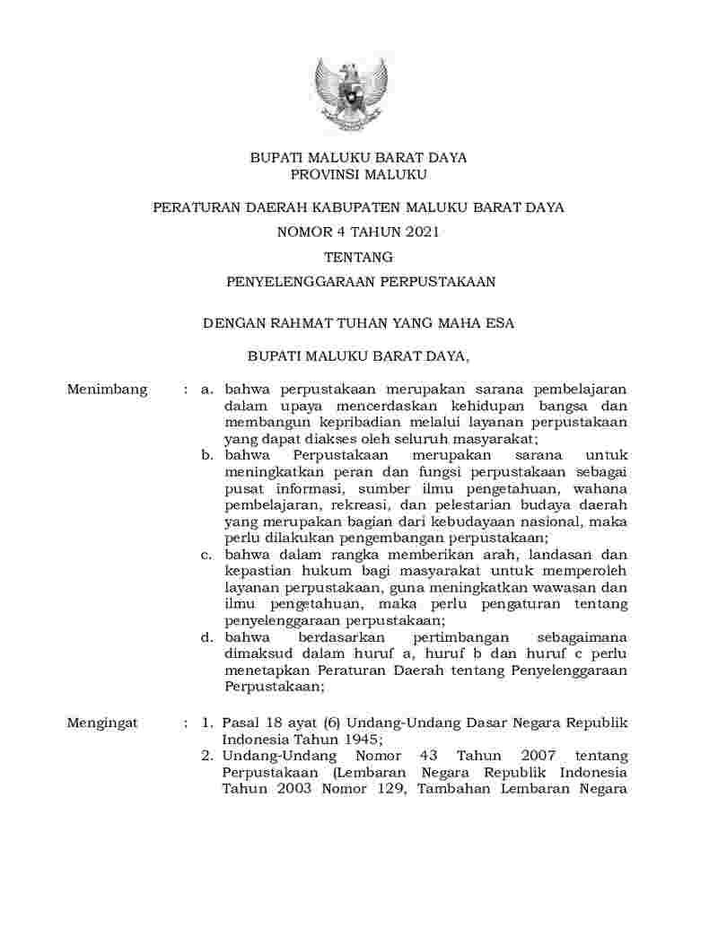 Peraturan Daerah Kab. Maluku Barat Daya No 4 tahun 2021 tentang Penyelenggaraan Perpustakaan