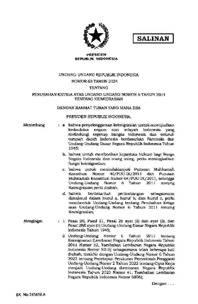Undang Undang No 63 tahun 2024 tentang Perubahan Ketiga atas Undang-Undang Nomor 6 Tahun 2011 tentang Keimigrasian