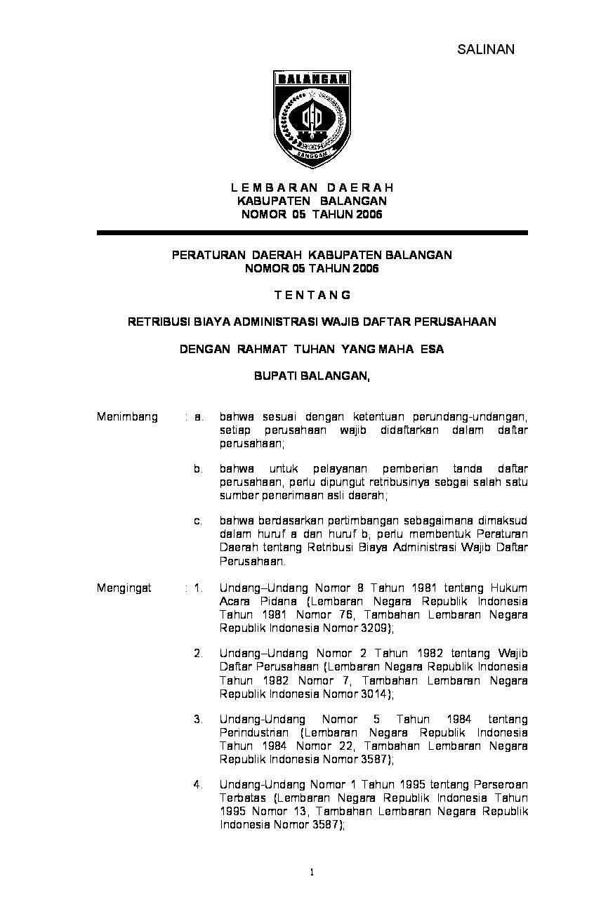 Peraturan Daerah Kabupaten Balangan No 5 tahun 2006 tentang Retribusi Biaya Administrasi Wajib Daftar Perusahaan