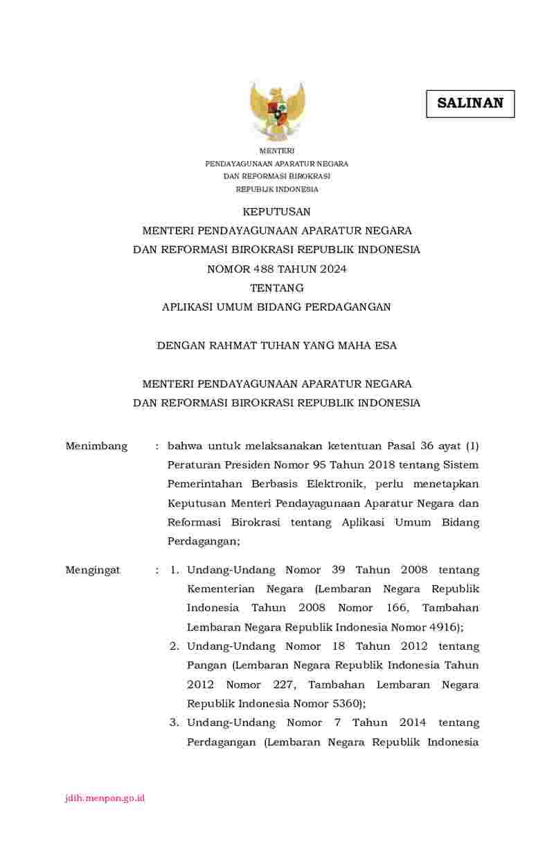 Keputusan Menteri Negara Pendayagunaan Aparatur Negara dan Reformasi Birokrasi No 488 tahun 2024 tentang Aplikasi Umum Bidang Perdagangan